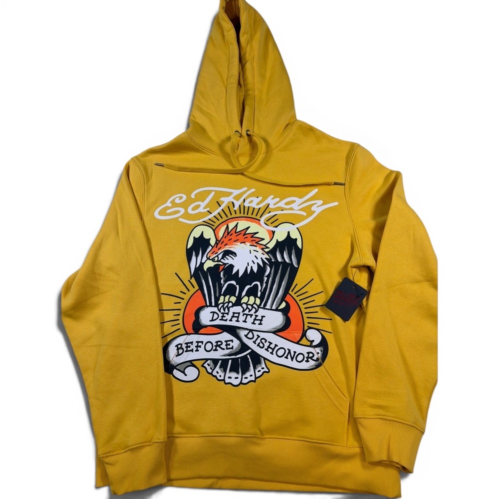 Ed Hardy Mens Death Before Dishonor Eagle Hoodie Mustard Yellow EEHM1300-3 M